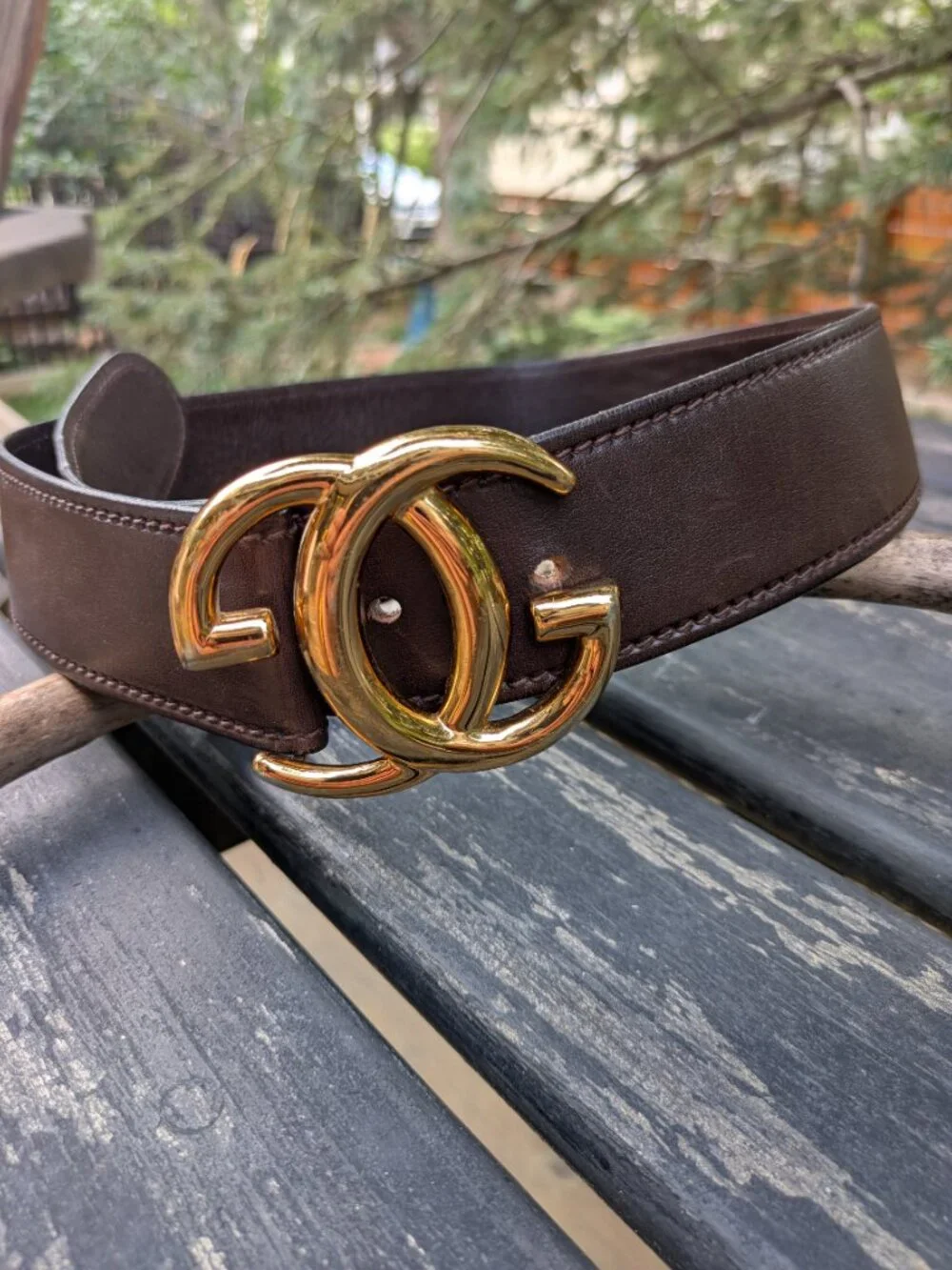 VTG Gucci Interlocking GG Belt Brown Leather Gold Buckle 1980s 85/34 Authentic.